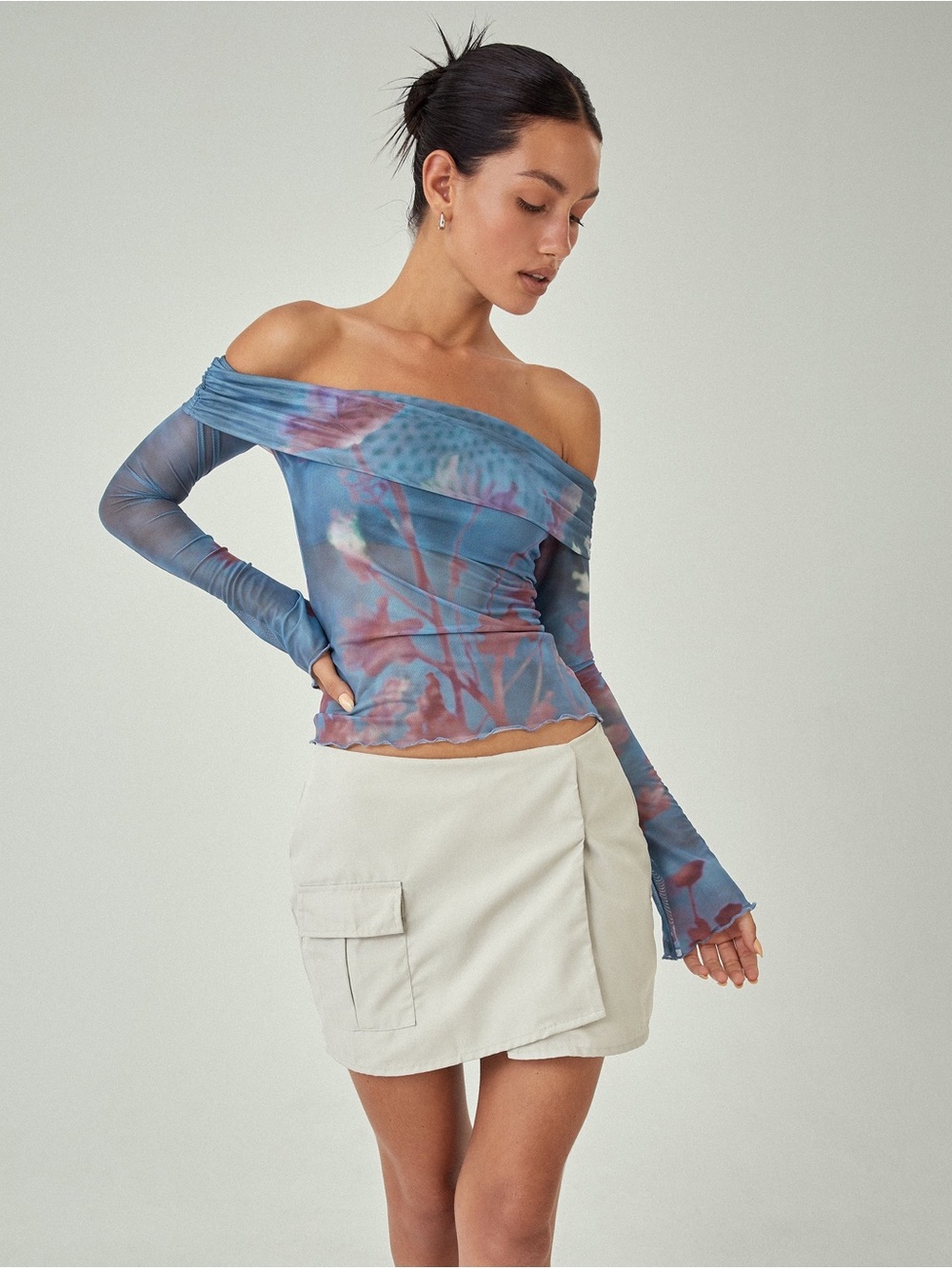 Motel x Jacquie Nagya Blue & Pink Off-Shoulder Long Sleeve Top